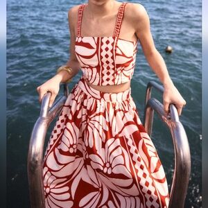 H&M Co-ord Set Poplin Crop Top XL + Maxi Skirt  10 Bright Red/white